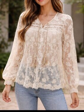 Sundance Bohemian Lace Peasant Blouse Cream